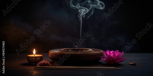 Incense stick on wooden stand with gold decorations and lotus candle, highlighting tranquility and spiritual practice, World Meditation Day