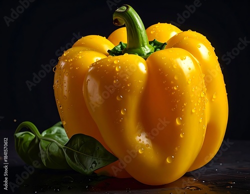 Glossy yellow bell pepper with water droplets, near dark green leaves against a dark, textured background
