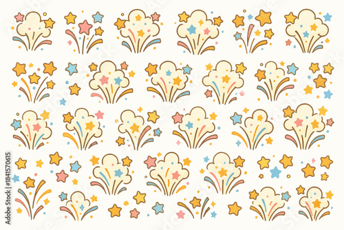 Colorful explosion pattern with stars and clouds in retro style