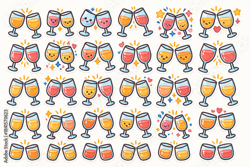 Colorful cartoon cocktail glasses with faces celebrating in rows