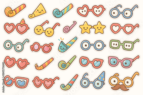 Colorful cartoon party glasses and accessories collection with heart and star designs