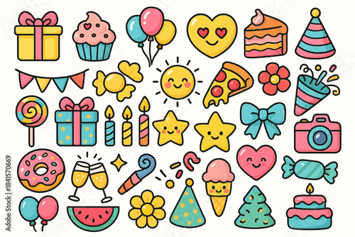 Colorful doodle icons of party items and sweet treats in pastel tones