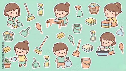 Cute illustration of children helping with household chores and cleaning tasks like dusting, washing dishes, and watering plants