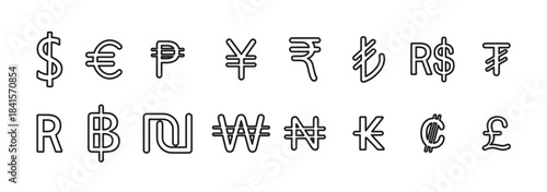 Different currency symbols (USD, EUR, IDR, GBP) floating around a popular image. Currency Arrows Minimalist. International Trade. Minimalistic drawing arrows connecting different, vector illustration.