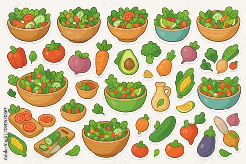 Colorful vegetable salad bowls with fresh ingredients and herbs