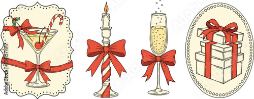 Holiday celebration illustration, festive drinks, gift boxes, red ribbon decor, candlelight, vector art, cad drawing flat vector illustration