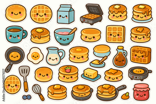 Cute cartoon breakfast food icons: pancakes, waffles, and kitchen utensils