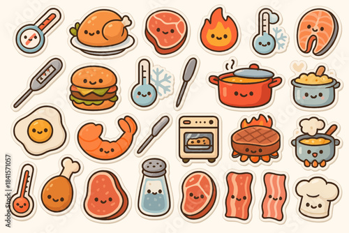 Cute cartoon food stickers featuring adorable meats, utensils, and thermometers