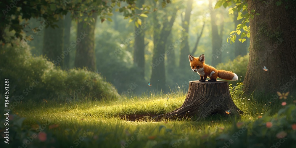 Obraz premium Wild fox among trees and a fallen stump in a forest setting, highlighting habitat preservation efforts