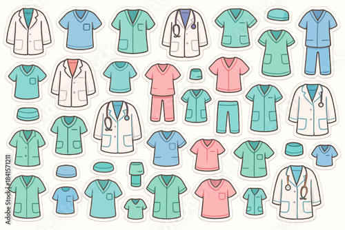 Colorful medical uniforms collection: scrubs, lab coats, and accessories