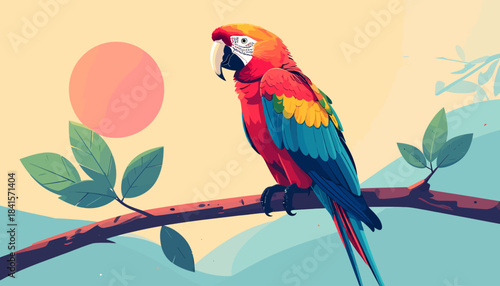 A vibrant macaw parrot with red, blue, and yellow feathers perches on a branch against a stylized background with a setting sun and green leaves.