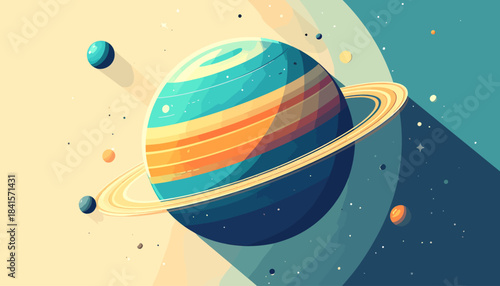 Colorful Planet with Ring and Moons.