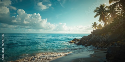 Fototapeta Naklejka Na Ścianę i Meble -  Beach scene featuring water and sky, ideal for summer travel backgrounds and nature themes