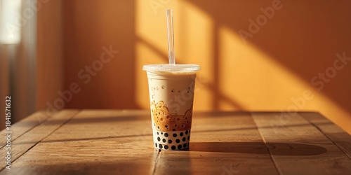 Close-up of brown sugar bubble tea with straw, emphasizing sweetened drink texture