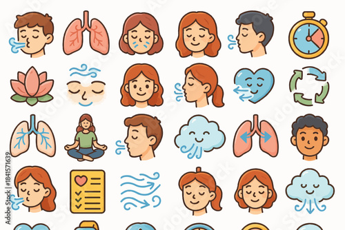 Breathing techniques and meditation icon set featuring men and women in various poses