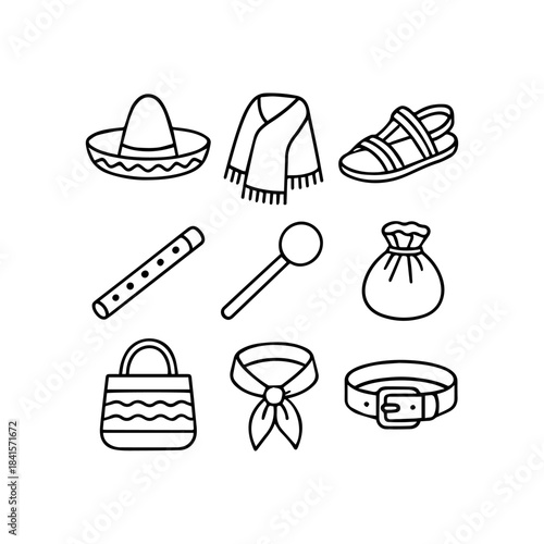 A diverse collection of outline icons featuring traditional accessories, musical instruments, and everyday items