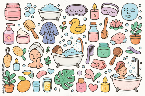 Cute bathroom doodles with relaxing bath elements and skincare items