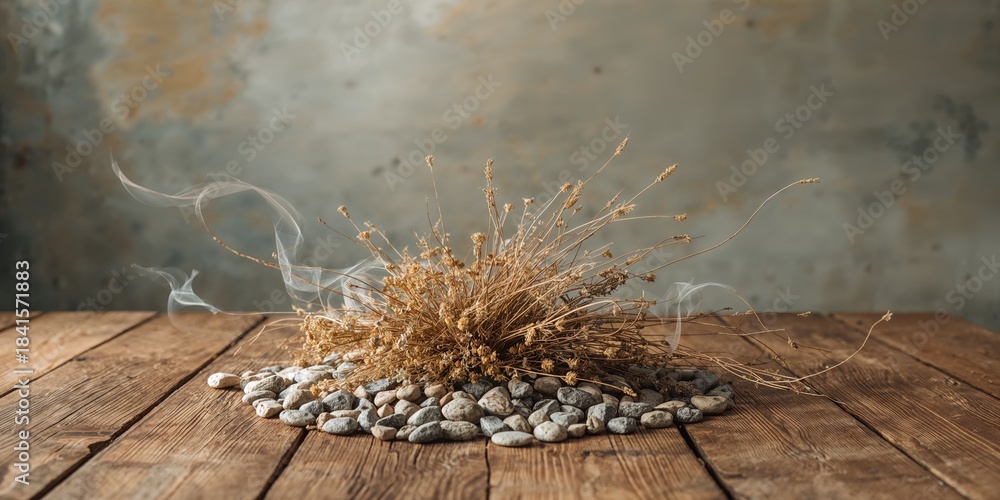Fototapeta premium Dry weeds and stones create a natural textured background suitable for outdoor design elements, Earth Day