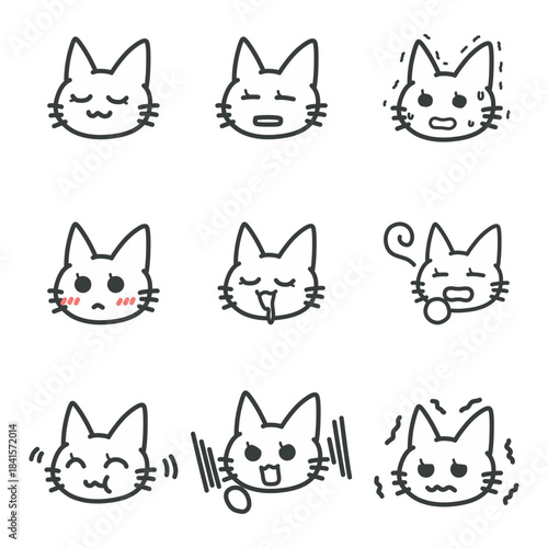 シンプルな線画の猫のイラストセット、照れや焦りなど様々な感情の表情アイコン