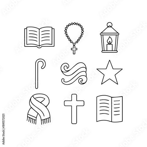 Collection of festive and religious line icons featuring christmas and spiritual symbols