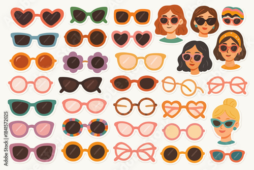 Colorful cartoon sunglasses and diverse female faces variety