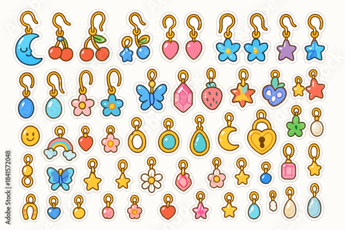Colorful assorted cute charms and icons collection in playful shapes