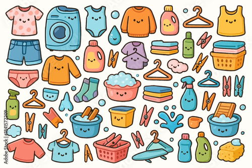 Cute laundry icons: washers, baskets, detergents, clothes, hangers, pins