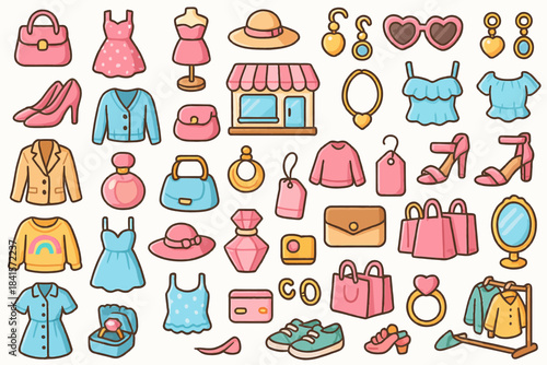 Fashion boutique icons: trendy clothing and accessories collection