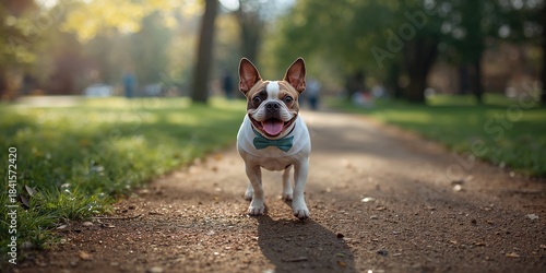 Fototapeta Naklejka Na Ścianę i Meble -  Small dog in a white and blue costume strolling through a park, highlighting pet exercise and outdoor environment