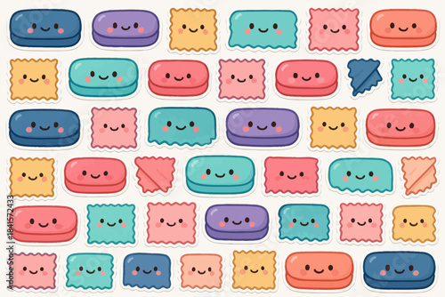 Cute kawaii stickers of colorful smiling shapes with faces