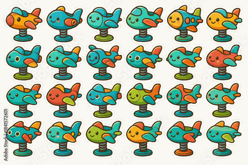 Colorful cartoon airplane stickers with smiling faces