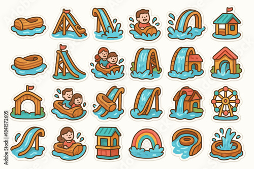 Fun cartoon stickers of kids enjoying playground and water park activities