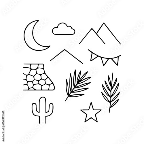 Minimalist nature and adventure doodle set with moon, mountains, plants, and stars