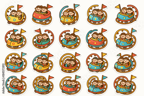 Cartoon amusement park ride with happy couples in colorful cars