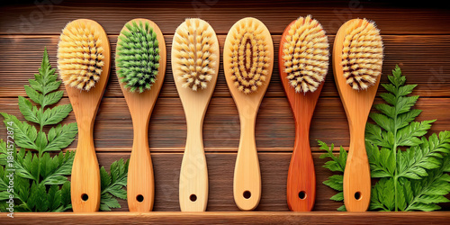 A line of brushes on a wood...