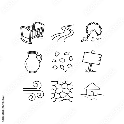 Set of simple line art icons illustrating various everyday objects.