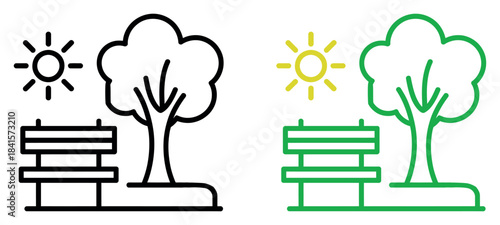 Green Public Spaces Linear Icon
Urban Park and Outdoor Recreation Thin Line Vector. Contour symbol representing a Public Park Bench and Nature Landscape. Vector outline drawing.
