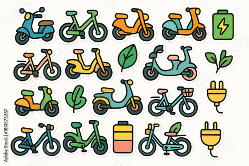 Colorful electric bicycles and scooters with eco-friendly elements