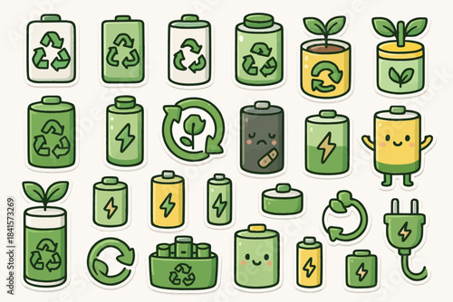 Cute eco-friendly battery icons with recycling and plant elements