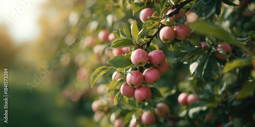Pink wild apples on tree branches, highlighting seasonal harvest for sustainable farming