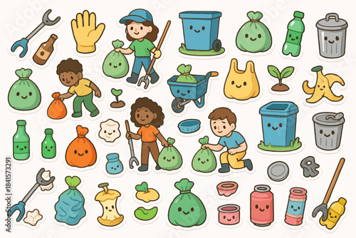 Cartoon characters practicing eco-friendly recycling and waste management activities