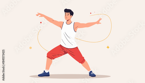 A man in athletic wear practices a martial arts or tai chi pose with outstretched arms.