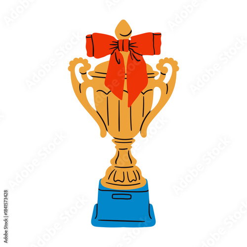 Winning Cup. Golden award, ribbon prize trophy. Winner, ceremony, championship, achievement, victory, success concept. Hand drawn Vector illustration. Isolated design element. Sticker, print template