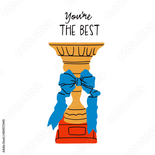 Winning Cup. Golden award, ribbon prize trophy. Winner, ceremony, championship, achievement, victory, success concept. Hand drawn Vector illustration. Isolated design element. Sticker, print template