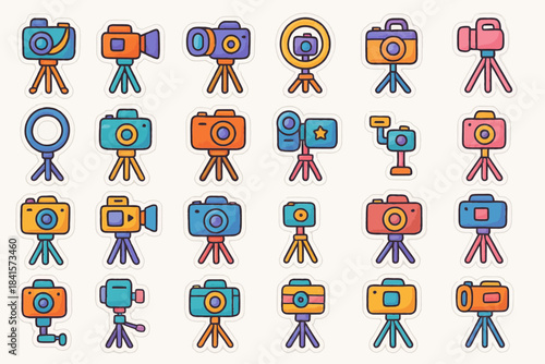 Colorful cartoon cameras and tripods collection in various styles