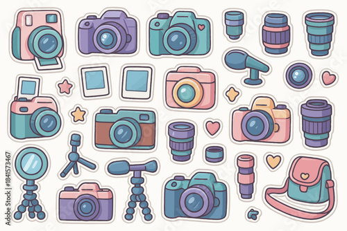 Cute retro cameras and photography equipment with pastel colors