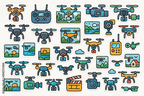 Collection of drone and camera icons featuring remote control and scenic imagery