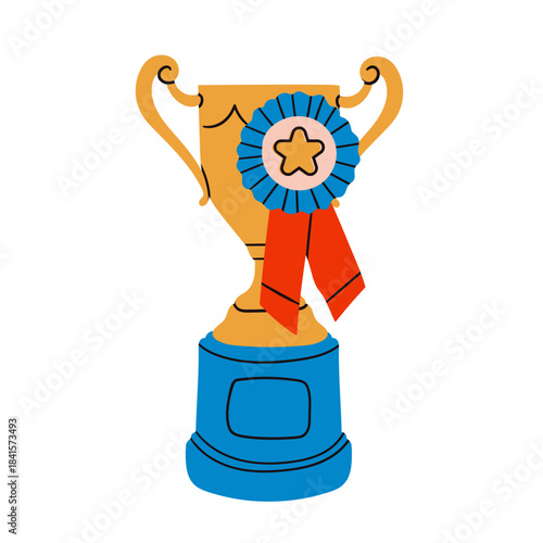 Winning Cup. Golden award, ribbon prize trophy. Winner, ceremony, championship, achievement, victory, success concept. Hand drawn Vector illustration. Isolated design element. Sticker, print template