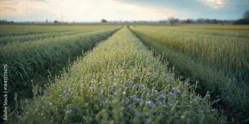 Fototapeta premium Spring wheat crops overtaken by weeds in dense overgrowth, agricultural weed management challenges