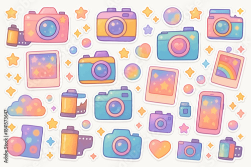 Colorful retro cameras and film cartoon stickers with stars and hearts